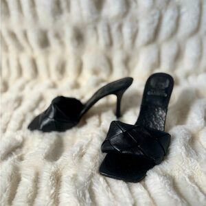 Vince Camuto Mule/Clog - Black Braided Leather + Kitty Heel